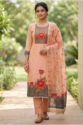 Salwar Kameez in Peach Cotton with Printed SK15872