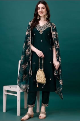 Green Weaving Salwar Kameez in Cotton SK155739