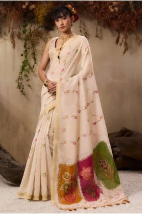 Resham,zari Cotton Saree in Cream SR29606
