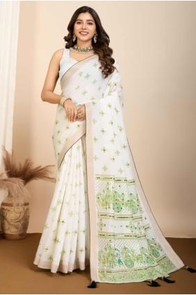 Cotton Digital print Off white Saree with Blouse SR28136