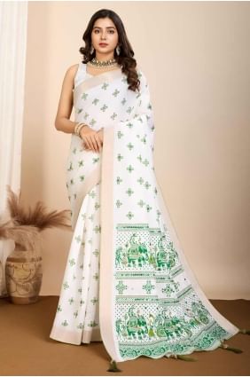 Cotton Digital print Off white Saree with Blouse SR28137