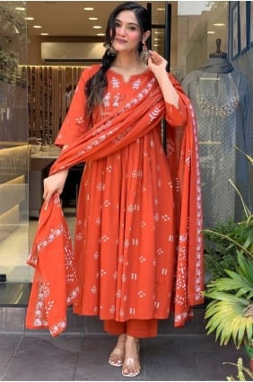Embroidered Cotton Anarkali Suit in Orange AS4159