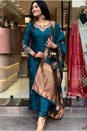 Teal Eid Salwar Kameez in Cotton with Embroidered SK156011
