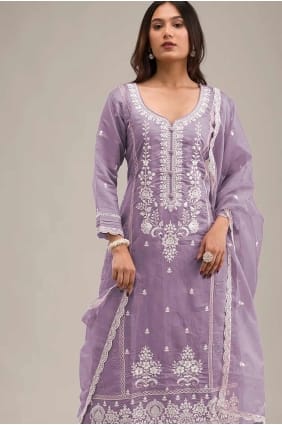 Cotton Embroidered Voilet Straight Pant Suit with Dupatta SK155273