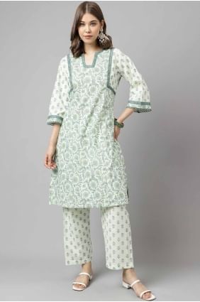 Cotton Kurti with Plain in Mint green KTI2644
