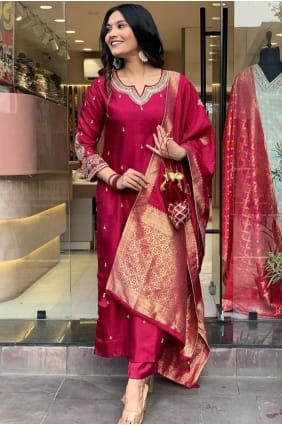 Embroidered Cotton Maroon Eid Salwar Kameez with Dupatta SK156009