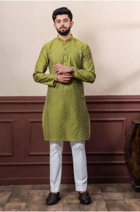 Cotton Men Kurta in Mahendi with Weaving KURR499