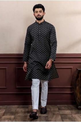 Cotton Men Kurta with Weaving in Black KURR500