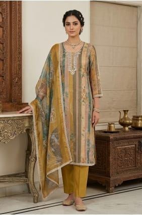Cotton Salwar Kameez with Printed in Mustard SK159074