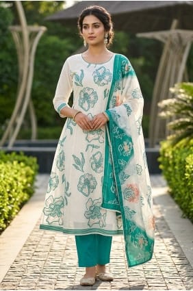 Printed Cotton Salwar Kameez in Off white with Dupatta SK15882