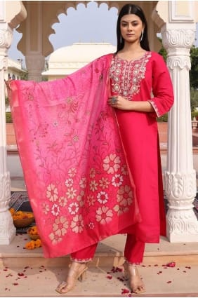 Cotton Pink Straight Pant Suit in Embroidered SK155182
