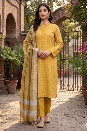 Printed Cotton Salwar Kameez in Yellow with Dupatta SK15893