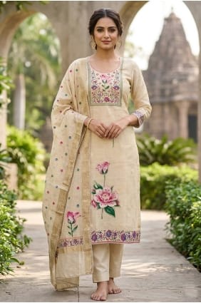 Printed Cotton Salwar Kameez in Beige SK15878