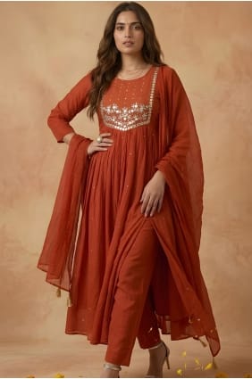 Rust Cotton Embroidered Salwar Kameez with Dupatta SK159104