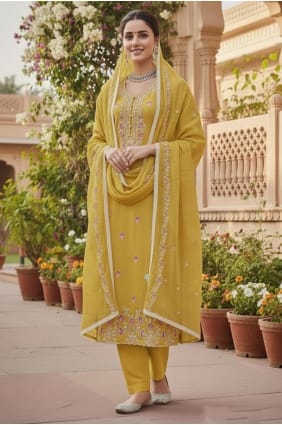 Yellow Salwar Kameez in Embroidered Cotton SK15696