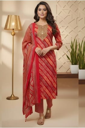 Cotton Salwar Kameez in Red with Printed SK156046