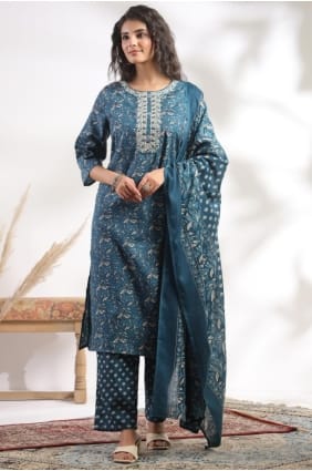 Printed Cotton Blue Salwar Kameez with Dupatta SK156047