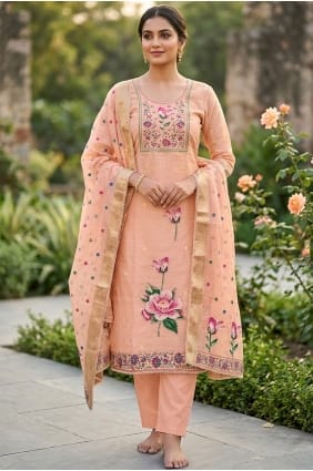 Printed Cotton Salwar Kameez in Peach with Dupatta SK15880