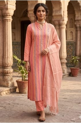 Cotton Salwar Kameez in Peach with Weaving SK15898