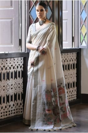 Weaving Cotton Cream Saree with Blouse SR29345