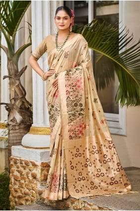 Beige Embroidered Cotton Saree with Blouse SR29843