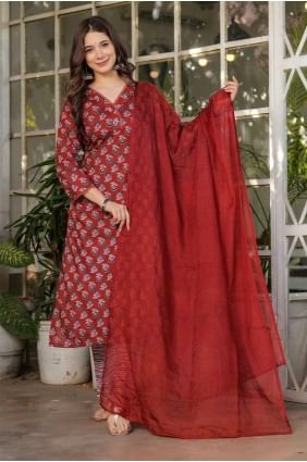 Cotton Straight Pant Suit in Rust with Printed SK155253