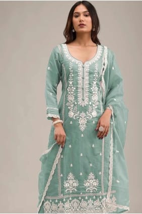 Cotton Straight Pant Suit with Embroidered in Green SK155275