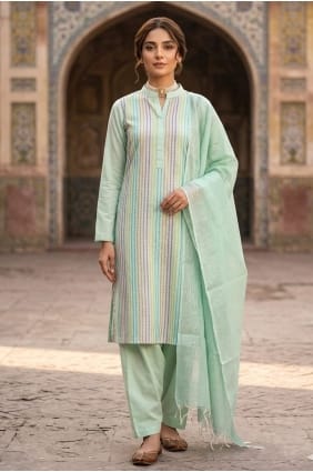 Weaving Cotton Salwar Kameez in Green with Dupatta SK15900