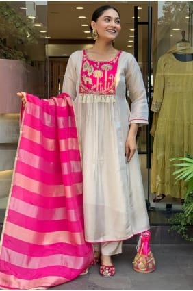 Cream Eid Anarkali Suit in Embroidered Silk AS4177
