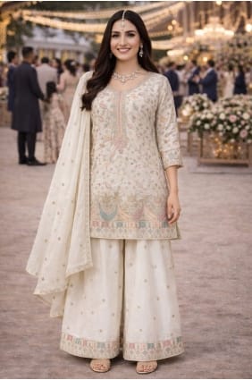Chinon chiffon Palazzo Suit with Embroidered in Cream PZ4442