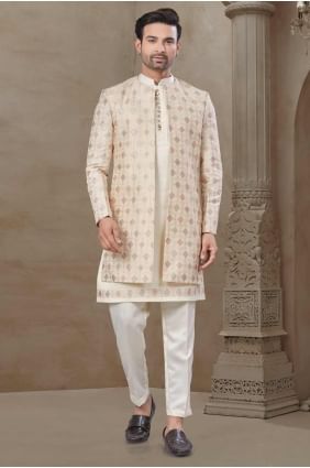 Cream Men Kurta Pajama With Waistcoat in Silk with Printed KURR519