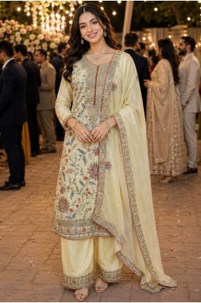 Cream Chinon chiffon Mirror Palazzo Suit with Dupatta PZ4519