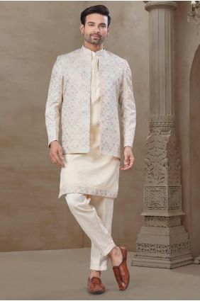 Cream Printed Men Kurta Pajama With Waistcoat in Silk KURR522