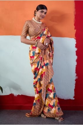 Printed Crepe Saree in Mustard SR30038