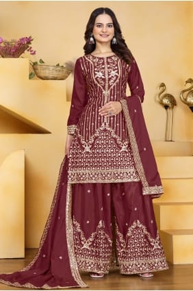 Maroon Palazzo Suit with Sequins Crepe PZ4423