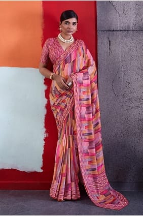 Saree in Pink Crepe with Printed SR30045