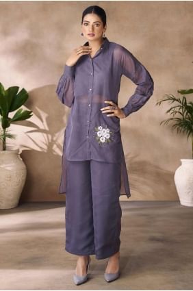 Dark grey Digital print Straight Suit in Organza SK155288