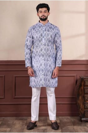 Denim blue Linen Digital print Men Kurta KURR477