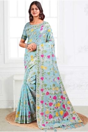 Refined Linen Saree with Weaving in Sky blue SR28670