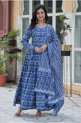 Digital print Anarkali Suit in Blue Cotton AS4060