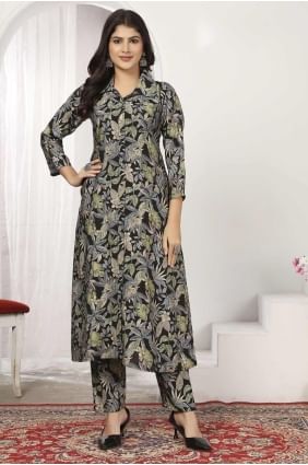 Digital print Chanderi Black Straight Pant Suit with Dupatta SK155195