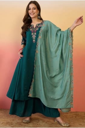 Digital print Chanderi silk Eid Palazzo Suit in Teal PZ4249
