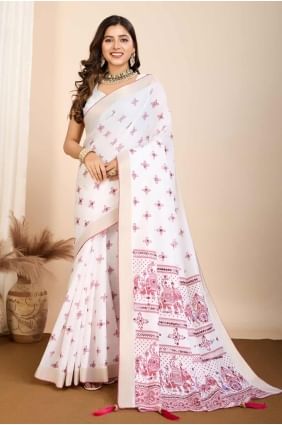 Digital print Cotton Off white Saree with Blouse SR28139