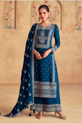 Blue Eid Palazzo Suit in Chiffon with Embroidered PZ4106