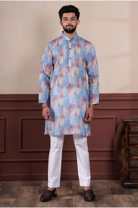 Digital print Linen Blue Men Kurta KURR473
