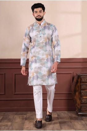 Digital print Linen Men Kurta in Off white KURR476