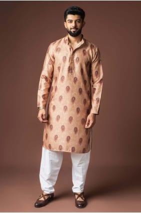Orangish brown Men Kurta with Digital print Linen KURR593
