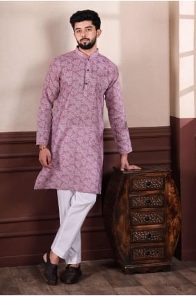 Digital print Linen Men Kurta in Purple KURR484