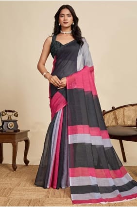 Digital print Saree in Black Linen SR28904