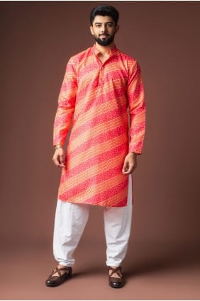 Pink Men Kurta with Digital print Linen KURR585